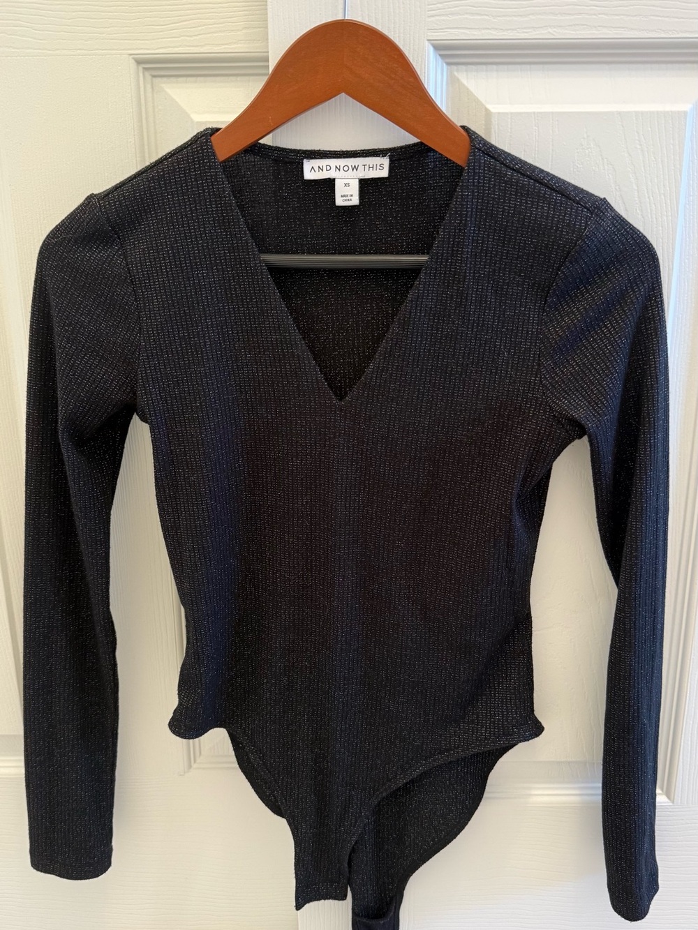 Black V-Neck Ribbed Long-Sleeve Bodysuit